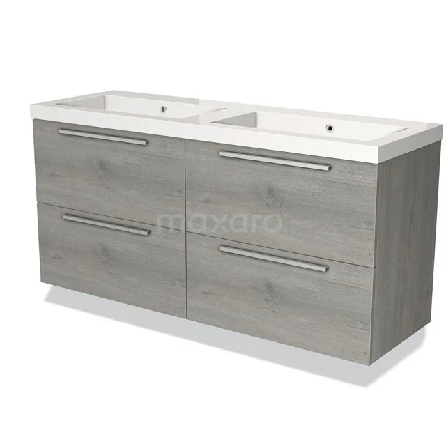 Houten badkamermeubel met dubbele wastafel, lichthoutkleur, strak design en vier lades met metalen handgrepen.