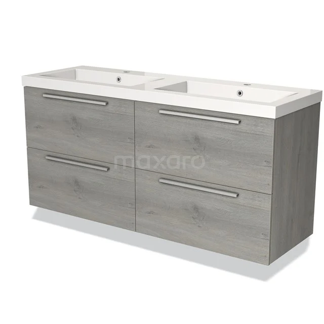 Grijze houten badkamermeubel met dubbele wastafel, moderne lades en strak design voor een stijlvolle badkamerinrichting.