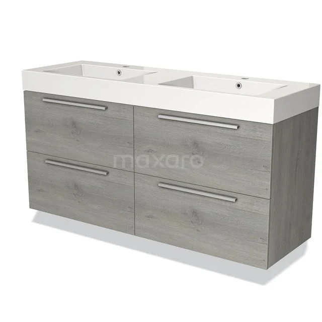 Houten badkamermeubel met dubbele wastafel, grijze finish, modern design en vier lades; praktisch en stijlvol voor elke badkamer.