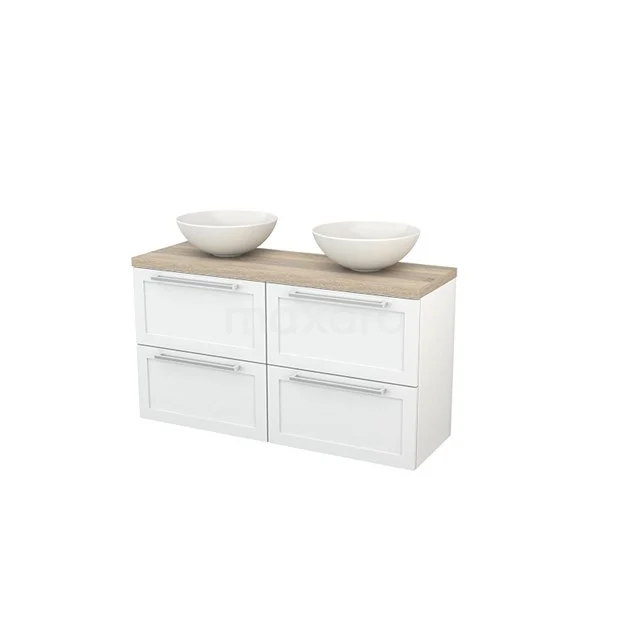 White hanging bathroom unit with wooden worktop, 2 countertop basins and 4 drawers, modern design for a stylish bathroom.