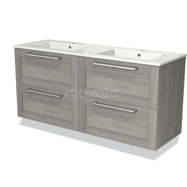 Grijze houten badkamermeubel met dubbele wastafel, 4 lades en mat afwerking, ideaal voor moderne badkameropslag.