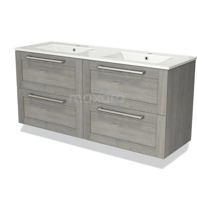 Wooden bathroom unit with double basin, grey colour, four drawers and modern handles. Perfect for stylish bathrooms.