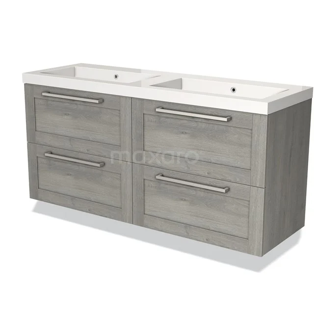 Dubbele wastafelmeubel grijs houtlook met 4 lades, modern design, ideaal voor stijlvolle badkameropslag.