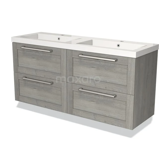 Grey wooden bathroom furniture set with double basin, four drawers and modern handles for practical storage space.