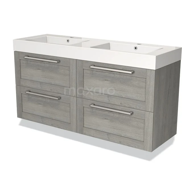 Dubbele wastafelmeubel in modern grijs houtdesign met witte keramische wasbak, ideaal voor een stijlvolle badkamer.