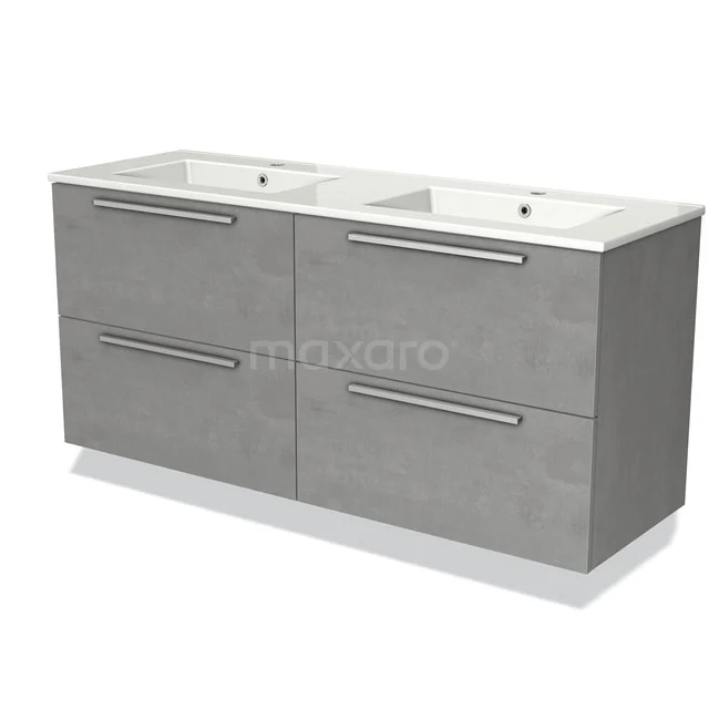 Grijze dubbele wastafelmeubel met 4 lades, modern design, ideaal voor een badkamer, gemaakt van hout met een betonlook.