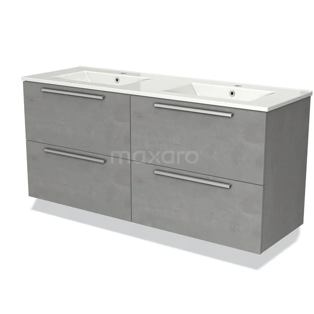 Grijze dubbele wastafelmeubel met vier lades, modern design en mat afgewerkt, perfect voor een stijlvolle badkamer.
