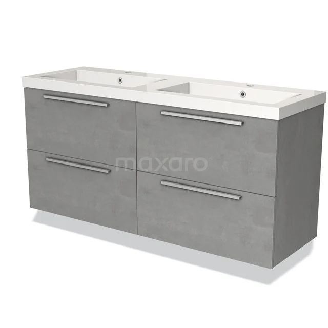 Grijze badkamerkast met dubbele wastafel, modern design, vier lades en metalen handgrepen voor praktische opslag.