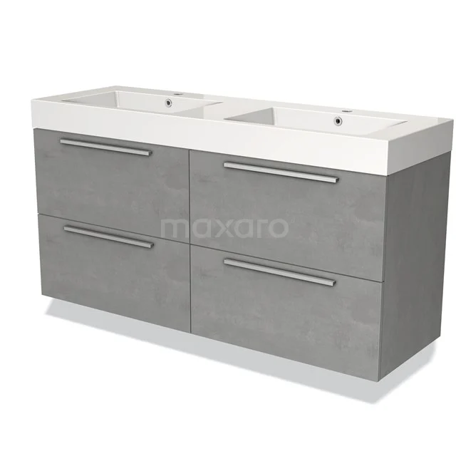 Grijze dubbele wastafelmeubel met 4 lades, moderne betonlook, ideaal voor een stijlvolle badkamerinrichting.