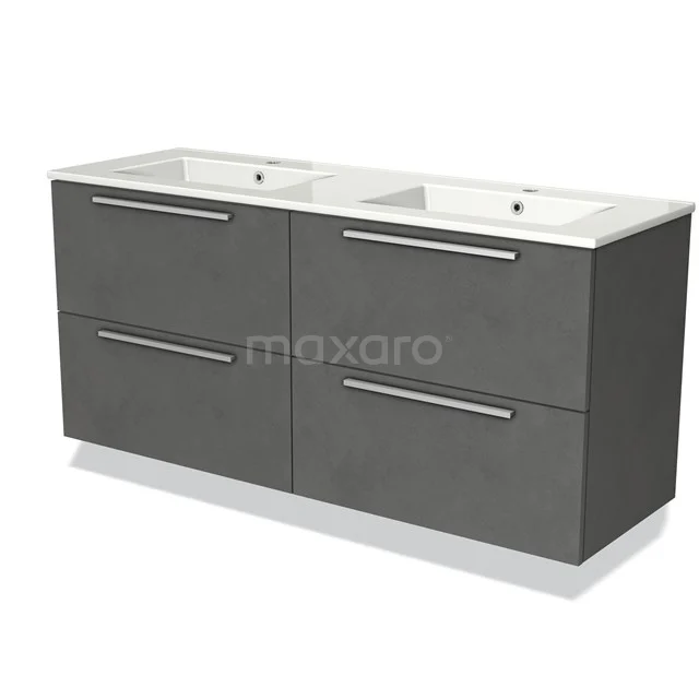 Dubbele grijze badkamermeubelset met keramische wastafel, 4 lades en strak design, perfect voor moderne badkamerinrichting.