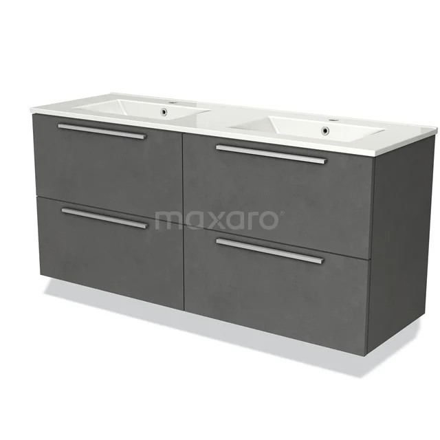Grijze badkamerkast met dubbele wastafel, vier lades, moderne uitstraling en metalen handgrepen, ideaal voor badkameropslag.