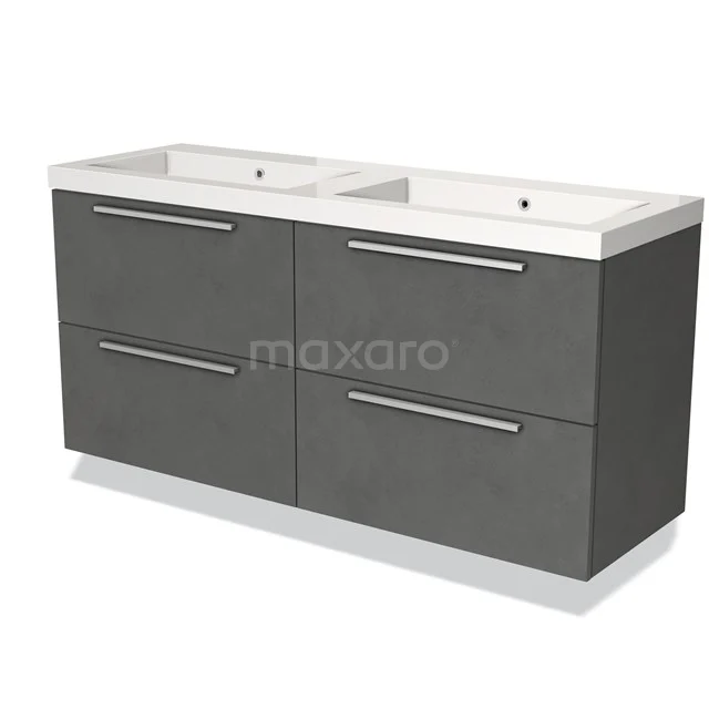 Donkergrijze dubbele wastafelmeubel met vier lades, modern ontwerp en witte keramische wastafels voor de badkamer.