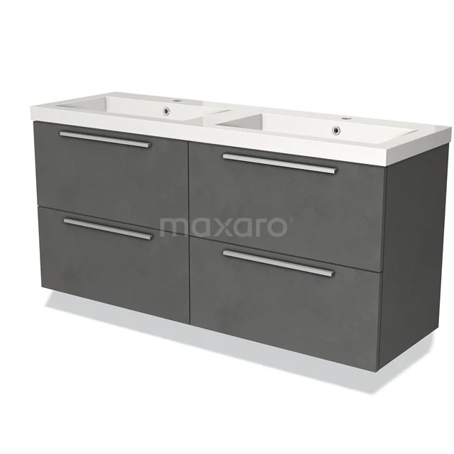 Badmöbel 140 cm Modulo Dunkelgrauer Beton 4 Schubladen Flaches Waschbecken Mineralguss BMW18-00606 Graues Doppelwaschbeckenmöbel mit schlanken Schubladen und modernem Finish, ideal als stilvolle Aufbewahrungslösung im Badezimmer.