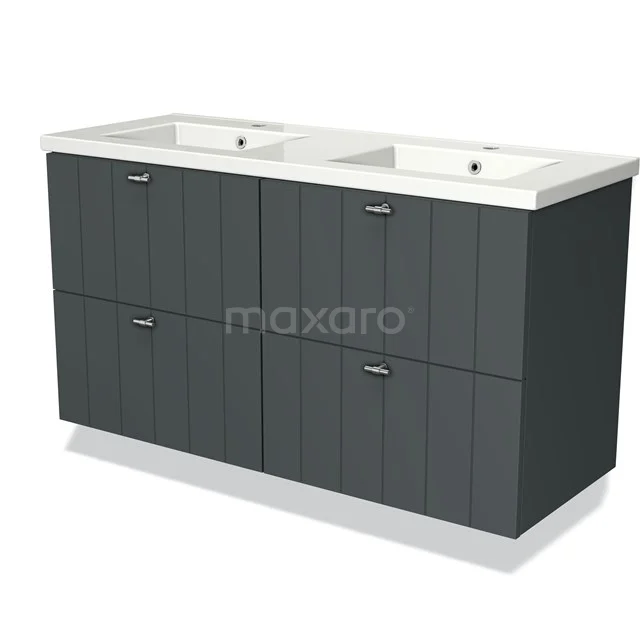 Modulo Vanity units with basin | 120 cm Dark grey Slat front Ceramic 4 drawers BMW18-00622 Dark grey double washbasin cabinet set with integrated sinks, modern bathroom cabinet in wood look.