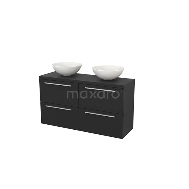 Black double vanity unit with two white countertop wash basins, sleek drawers and modern design, ideal for a stylish bathroom.