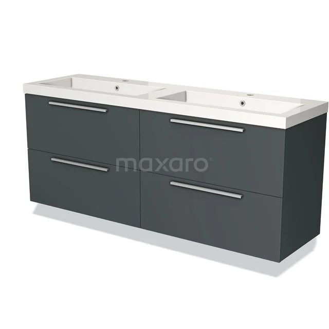 Grijze dubbele wastafelmeubel met witte keramische wasbakken, moderne handgrepen en strak design voor de badkamer.