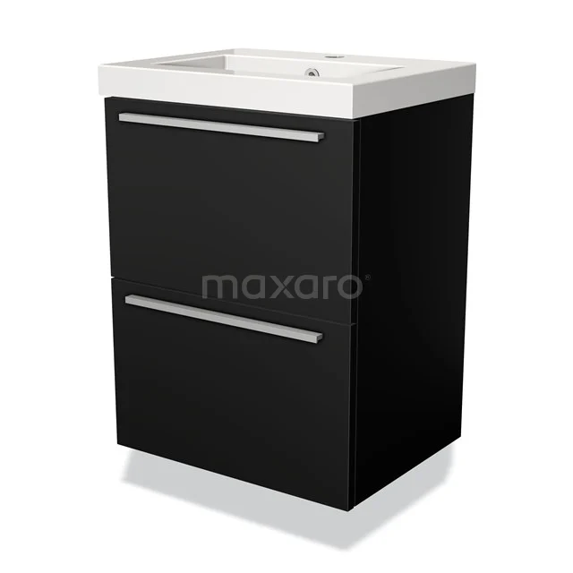 Black bathroom cabinet with white basin, modern design, two drawers, metal handles, ideal for compact bathrooms.