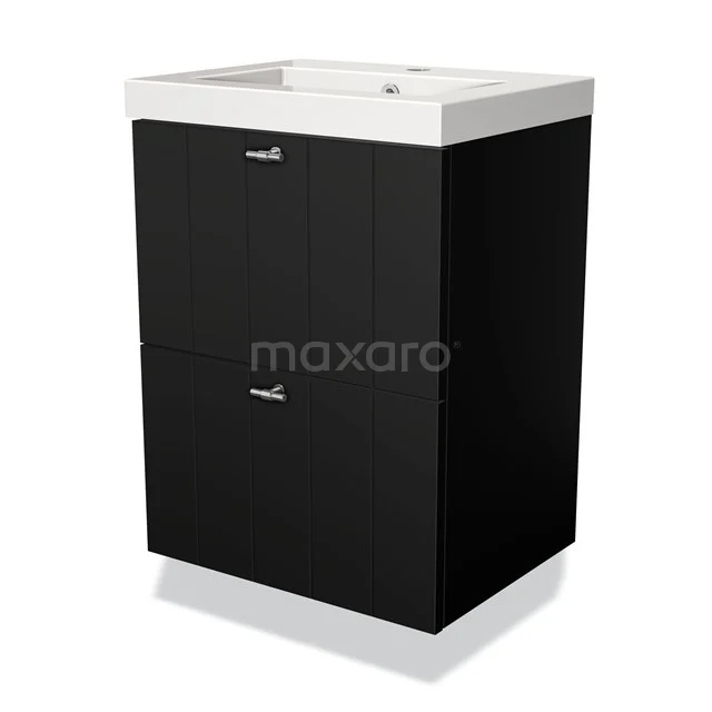 Schwarzer Badschrank mit weißem Waschbecken, modernes Design, zwei Schubladen, kompaktes Format, ideal für ein stilvolles Badezimmer.