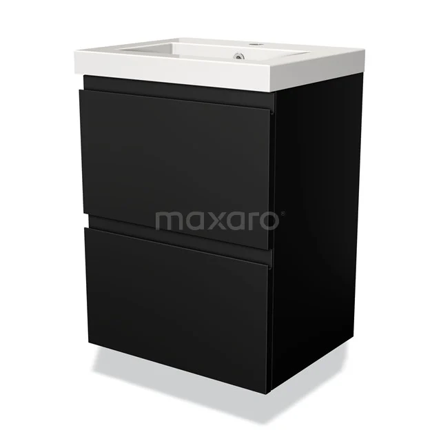 Schwarz Badmöbel mit weißem Waschbecken, modernes Design, zwei Schubladen und sauber verarbeiteten Ecken für ein stilvolles Badezimmer.