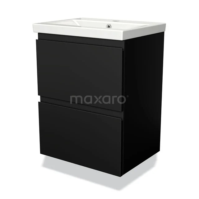 Black bathroom cabinet with two drawers, white ceramic basin, modern design for stylish bathroom storage.