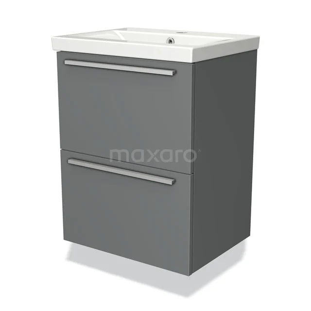 Modulo Slim Waschtische | 50 cm Mittelgrau Flach front Keramik 2 übereinanderliegende Schubladen BMW37-00008 Grauer Badschrank mit zwei Schubladen, rechteckiges Waschbecken, modernes Design und schlichte Metallgriffe.