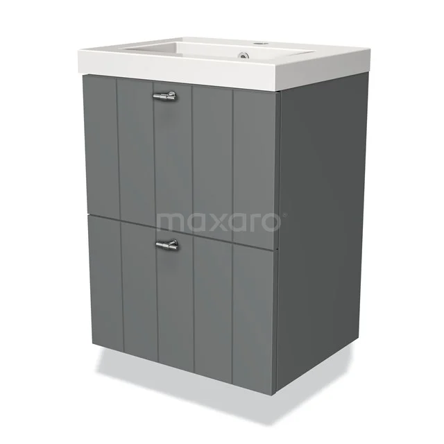 Modulo Slim Vanity units with basin | 50 cm Mid grey Slat front Mineral marble 2 Stacked drawers BMW37-00009 Grey bathroom unit with white vanity units with basin, two drawers and metal handles, compact design made of durable MDF material.