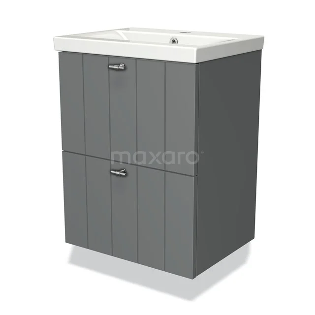 Modulo Slim Vanity units with basin | 50 cm Mid grey Slat front Ceramic 2 Stacked drawers BMW37-00010 Grey Bathroom cabinet with basin, vertical stripes, two drawers and chrome handle, modern bathroom unit made of wood.