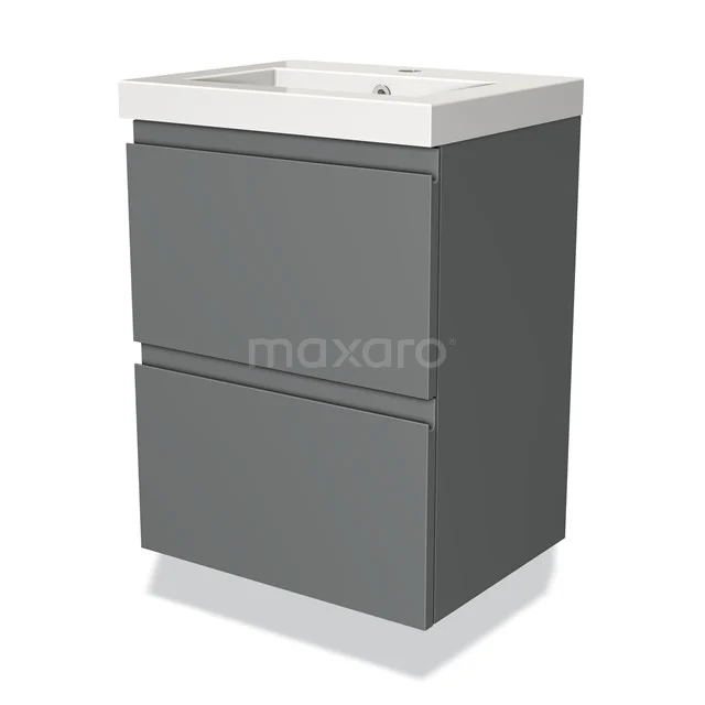 Grey bathroom unit with two soft-close drawers, white ceramic vanity units with basin, sleek design for modern bathrooms.