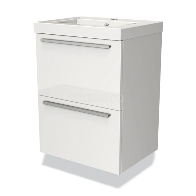 White bathroom unit with two drawers, sleek handles and glossy finish, ideal for modern bathroom design.