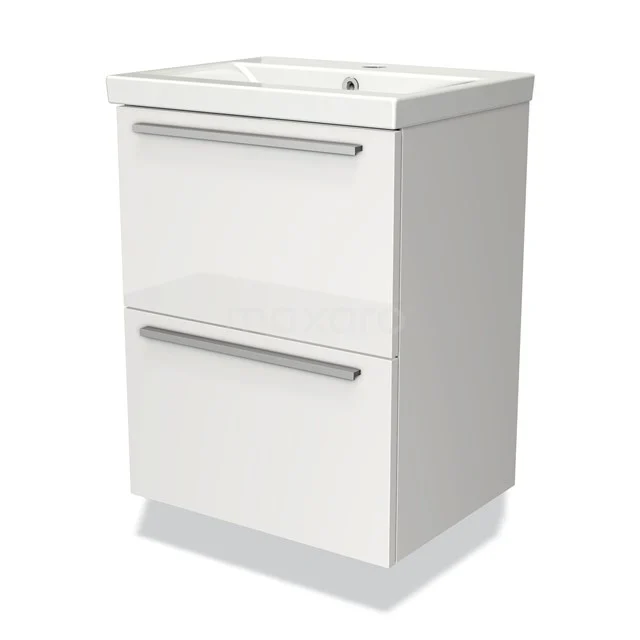 White bathroom unit with double drawers, glossy finish and chrome handles, ideal for modern bathroom storage.
