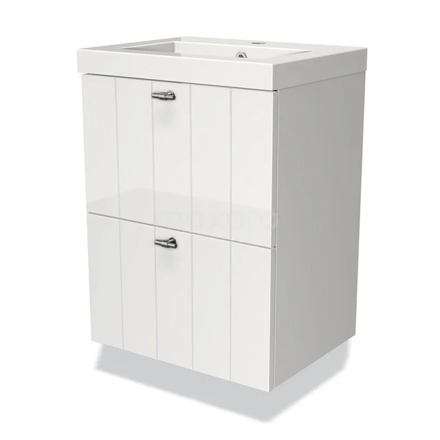 White freestanding bathroom unit with two soft-close drawers, panel structure and integrated vanity units with basin made of ceramic.