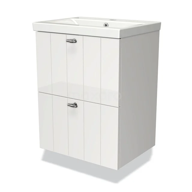 Modulo Slim Vanity units with basin | 50 cm High-gloss white Slat front Ceramic 2 Stacked drawers BMW37-00016 White bathroom unit with panels, two drawers and chrome handles, ideal for storage space in a modern bathroom.