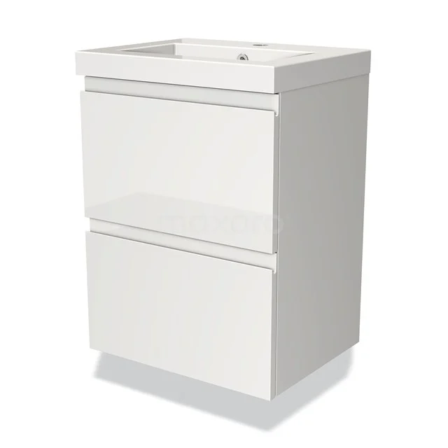 Badmöbel 50cm Modulo Slim Hochglanz Weiß 2 Schubladen Griffloses Waschbecken Mineralguss BMW37-00017 Weißes Hochglanz-Badmöbel, kompaktes Design mit zwei Schubladen, ideal für moderne Bäder.