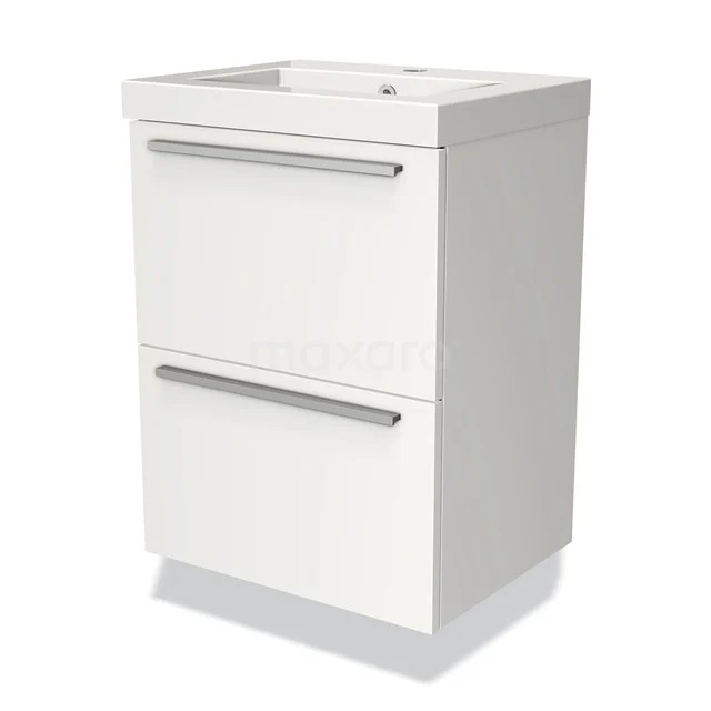 Modulo Slim Bathroom furniture with sink | 50 cm Matte white Flat front Mineral marble 2 Stacked drawers BMW37-00019 White bathroom cabinet with two drawers, sleek design, metal handles and ceramic basin. Perfect for modern bathrooms.
