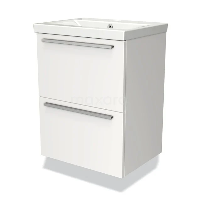 White bathroom unit with two drawers, sleek design and metal handles, perfect for modern bathrooms.
