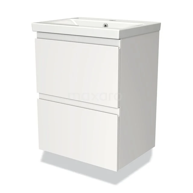 Weißer Badschrank mit zwei Schubladen, matte Oberfläche, kompaktes Design, ideal für moderne Badezimmer.