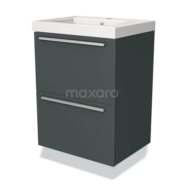 Grauer Badschrank mit Waschbecken, modernes Design, zwei Schubladen und schlichten metallischen Haltegriffen, ideal für ein stilvolles Badezimmer.