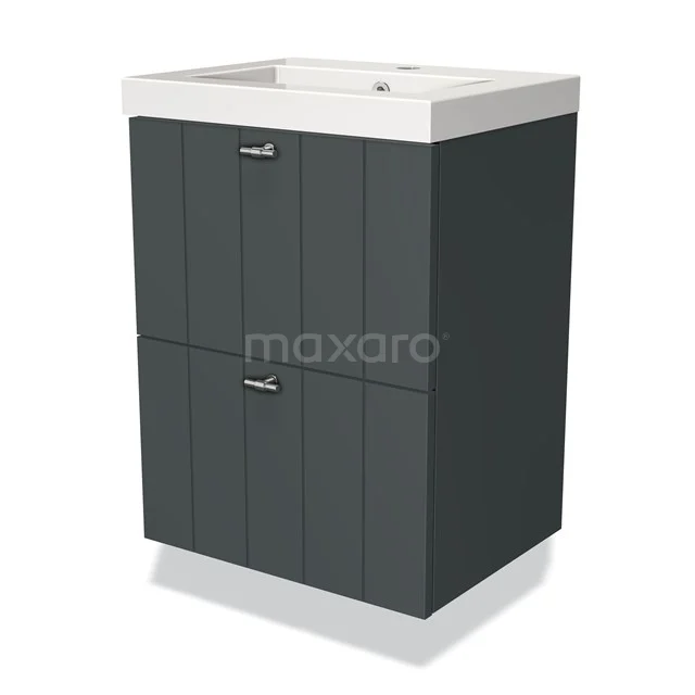 Grey bathroom furniture set with ceramic basin and two handleless drawers, modern design for stylish bathrooms.
