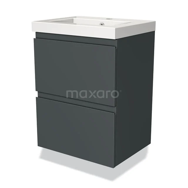 Dark grey bathroom furniture set with two drawers and white ceramic basin worktop, modern design.