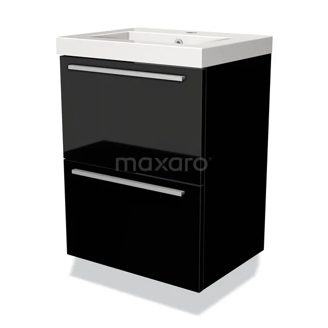Schwarz glänzendes Badmöbel mit zwei Schubladen und einem keramischen Waschbecken, modernes Design für stilvolle Bäder.
