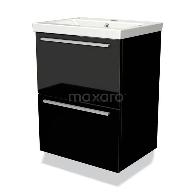 Black glossy bathroom cabinet with white basin, two drawers and chrome handles, compact design for modern bathrooms.
