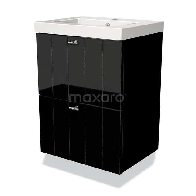 Schwarzes Badezimmermöbel mit Hochglanzoberfläche, zwei Schubladen und integriertem weißen Waschbecken. Modernes und kompaktes Design.