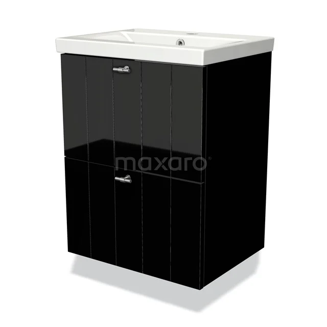 Modulo Slim Bathroom furniture with sink | 50 cm High-gloss black Slat front Ceramic 2 Stacked drawers BMW37-00034 Black high-gloss bathroom unit with ceramic vanity units with basin, fitted with two drawers and chrome handles.