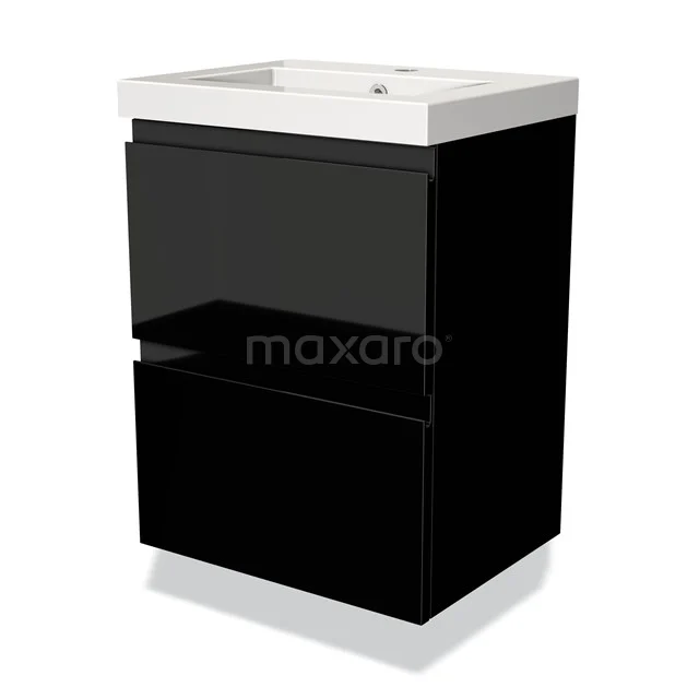 Badmöbel 50cm Modulo Slim Hochglanz Schwarz 2 Schubladen Griffloses Waschbecken Mineralguss BMW37-00035 Schwarz glänzendes Badmöbel mit zwei Schubladen und einem weißen Waschbecken, modernes Design, ideal für moderne Bäder.
