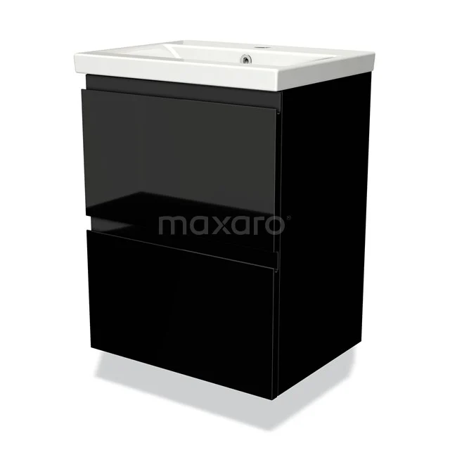 Modulo Slim Waschtische | 50 cm Hochglanz Schwarz Grifflos front Keramik 2 übereinanderliegende Schubladen BMW37-00036 Schwarzes Badmöbel mit glänzenden Fronten, zwei Schubladen und keramischem Waschbecken; perfekt für einen modernen Badezimmer Stil.