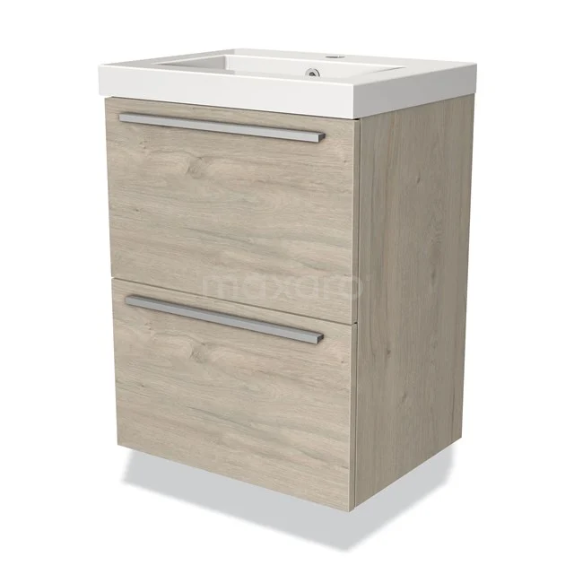 Wooden Bathroom unit with two drawers and a ceramic sink, light Oak colour, modern design, ideal for compact bathrooms.