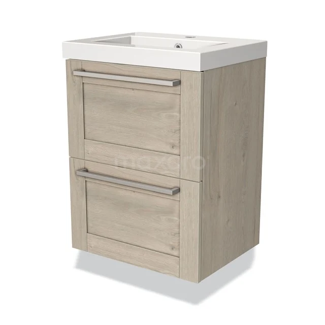 Wooden vanity unit with two drawers, light oak look, including white ceramic basin, perfect for modern bathrooms.