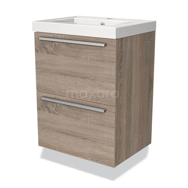 Wooden bathroom unit with two drawers, natural oak look and ceramic basin, ideal for a modern bathroom style.