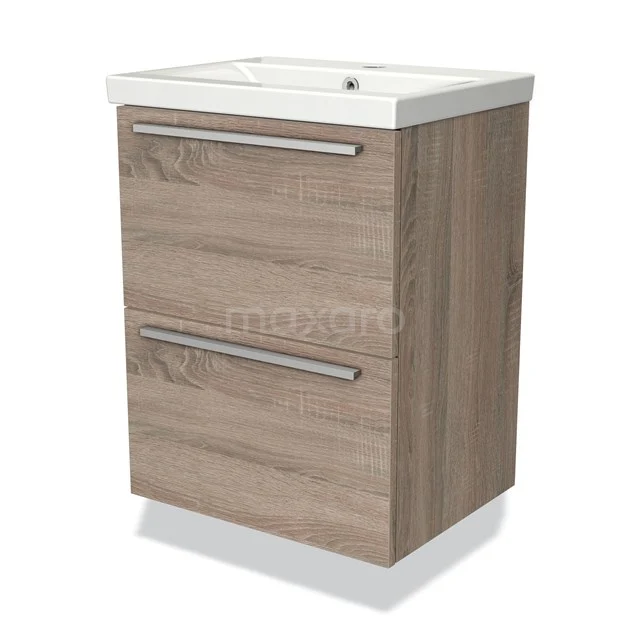 Wooden bathroom cabinet with two drawers, rectangular basin and modern handles, ideal for stylish bathroom storage.