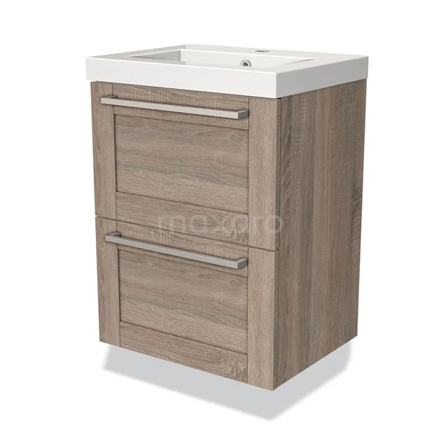 Wooden bathroom unit with two drawers, modern metal handles and integrated vanity units with basin in white ceramic.